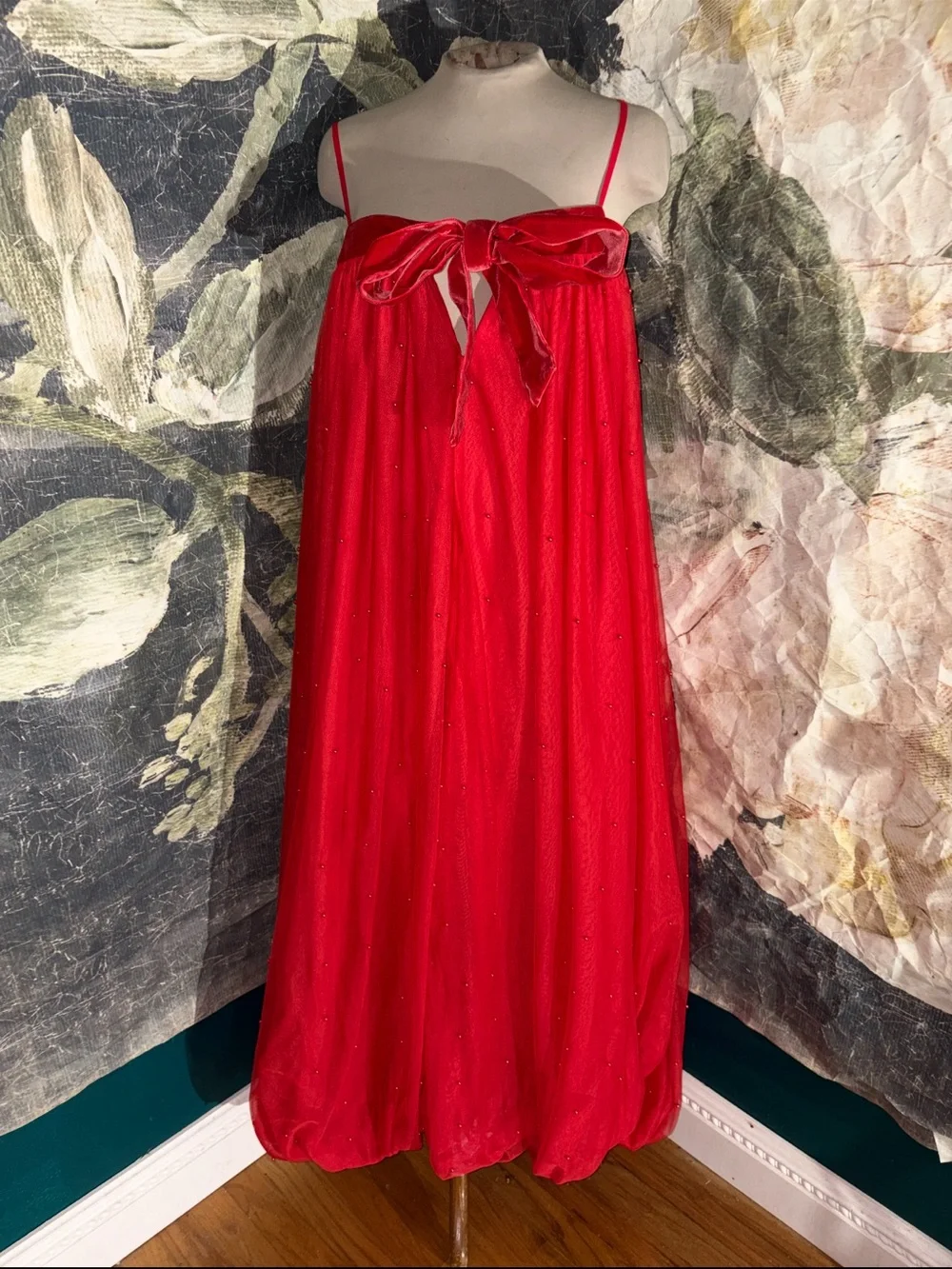 Free People Red Pearl Embellished Spaghetti-Strap Bubble Hem Maxi Dress